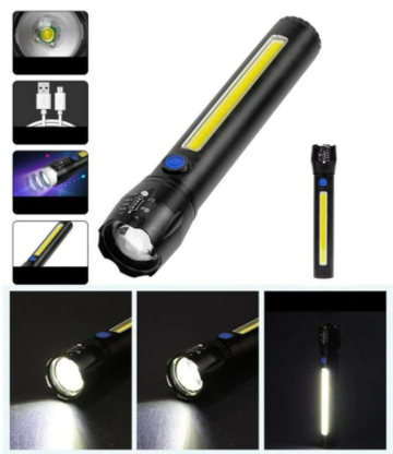 Kovová ruční svítilna LED COB ZOOM T6 USB…